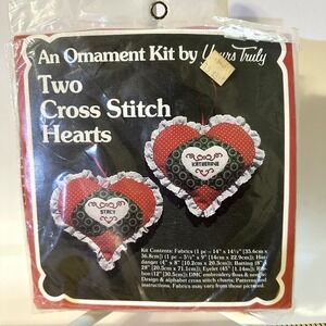 1981 An Ornament Kit by Yours Truly #2855 Two Cross Stitch Hearts Calico Vintage